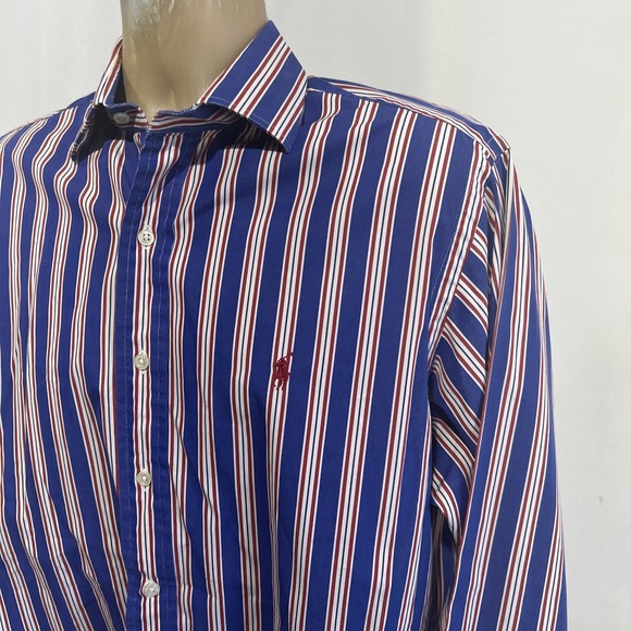 Polo Ralph Lauren Shirt Men Sz 16.5- L Regent Classic Fit Blue Red White Stripe - Picture 2 of 9
